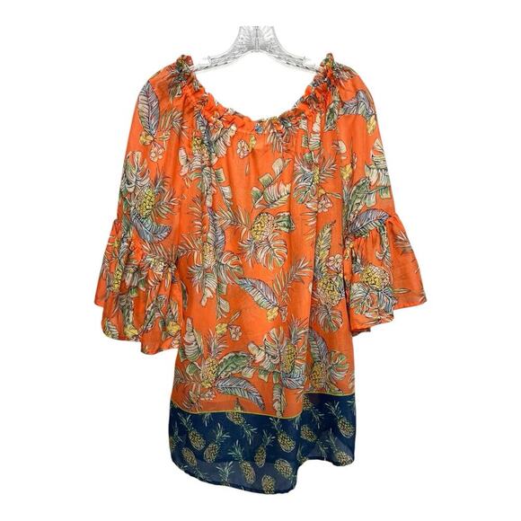 Beach Lunch Lounge Orange Pineapple Print Tunic Medium Semi Sheer - Picture 1 of 9